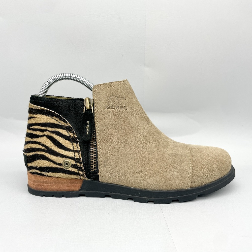 Sorel Womens 8.5 Major Low Chelsea Boots Tan Suede Zebra Calf Hair Zip Bootie